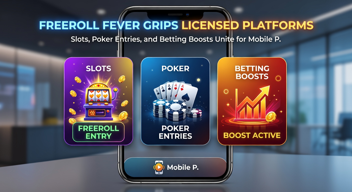 Close-up of a mobile poker freeroll leaderboard transitioning to slot reels and sports bet slips, illustrating unified freeroll promotions on a licensed gaming platform