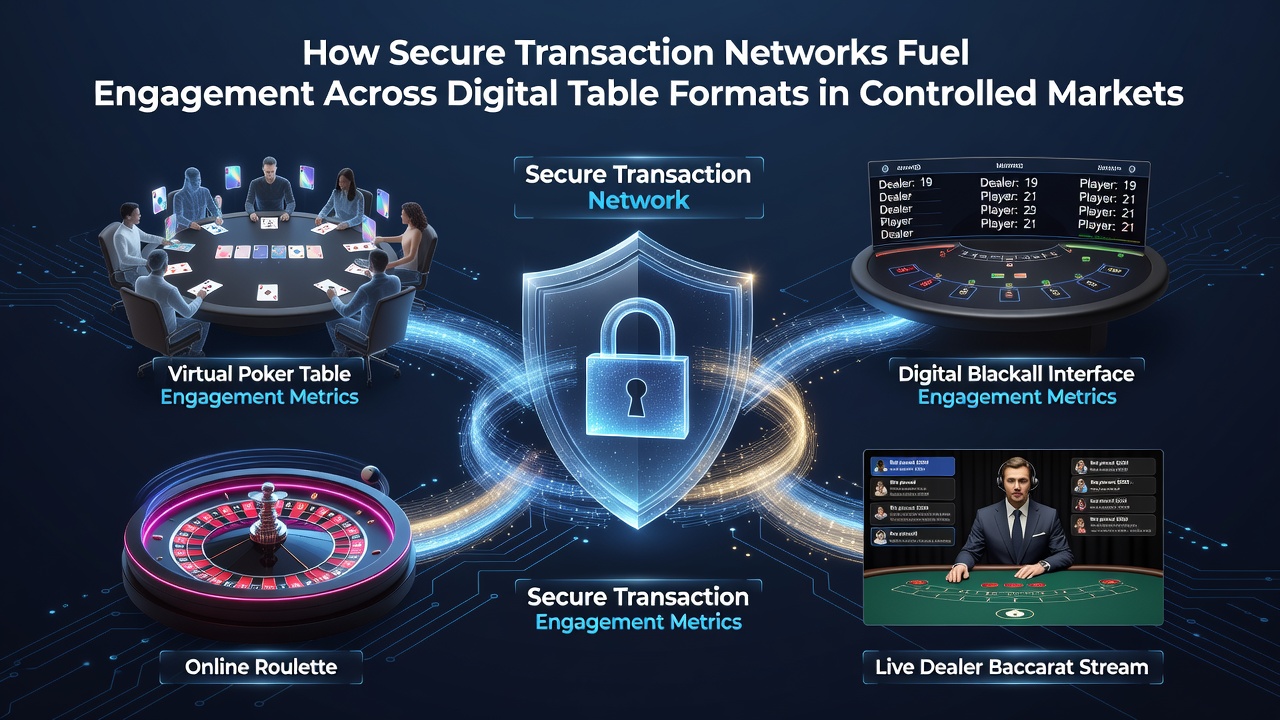 Secure transaction network visualization showing encrypted data flows across digital table gaming platforms
