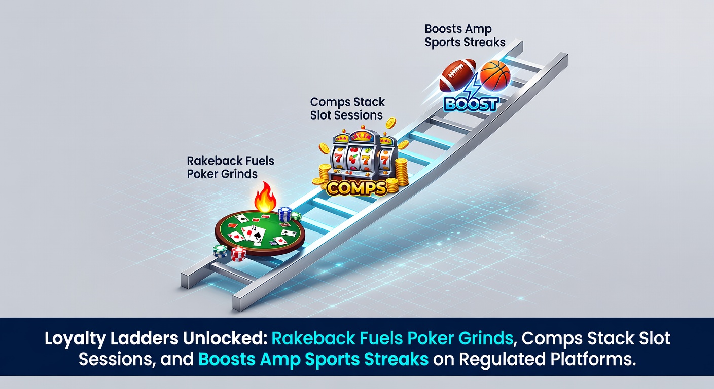 Poker players at a digital table with loyalty reward icons overlayed, highlighting rakeback calculations and tiered ladders