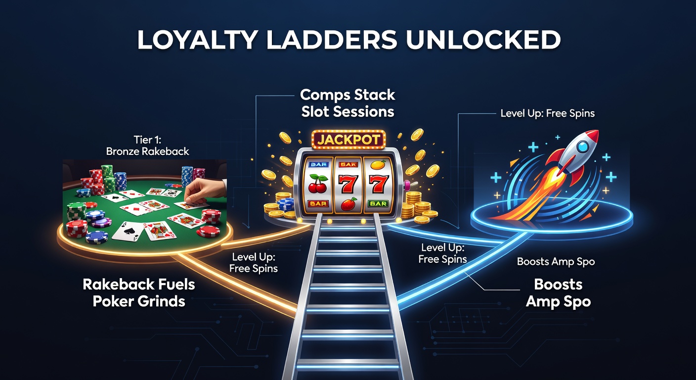 Vibrant slot machine reels spinning with comp point counters and loyalty tier badges glowing in the background