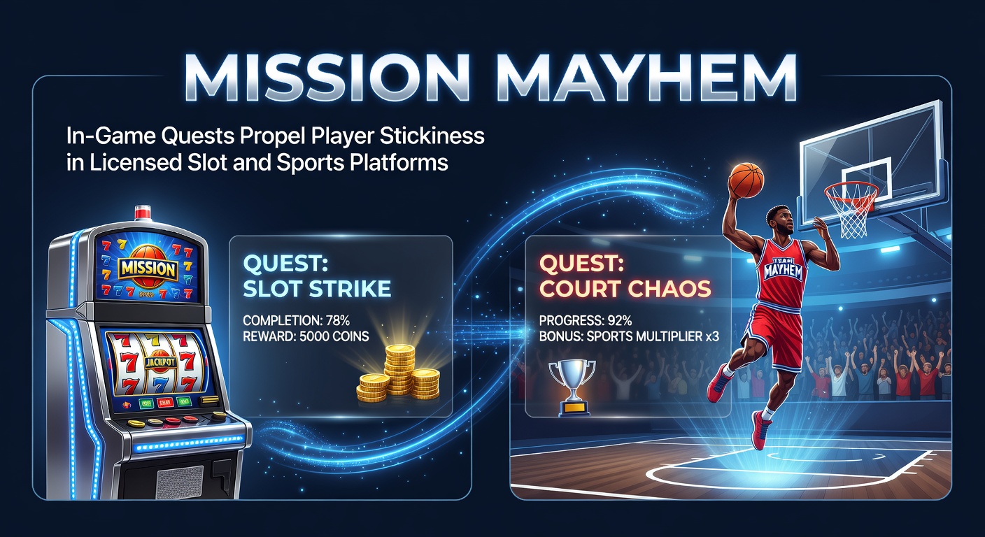 Vibrant slot screen displaying a quest progress bar with rewards like free spins and multipliers amid colorful game themes