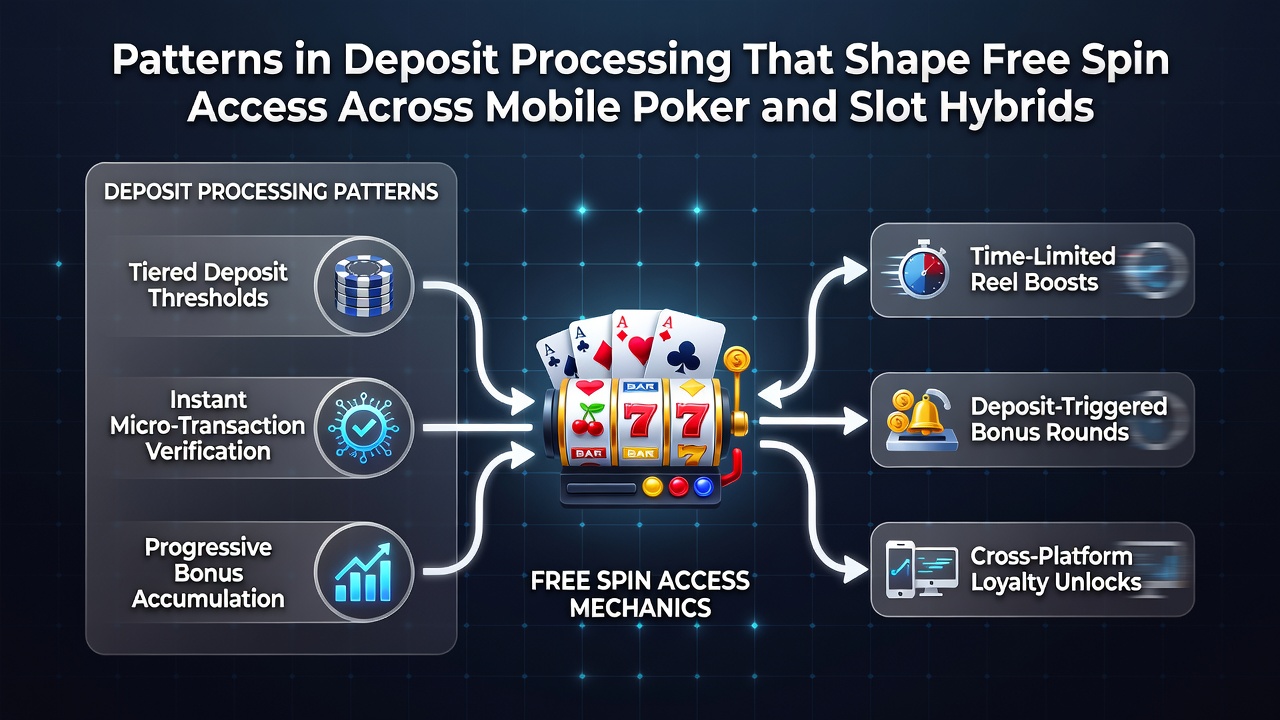 Mobile poker and slot hybrid interface showing deposit options and free spin bonus indicators
