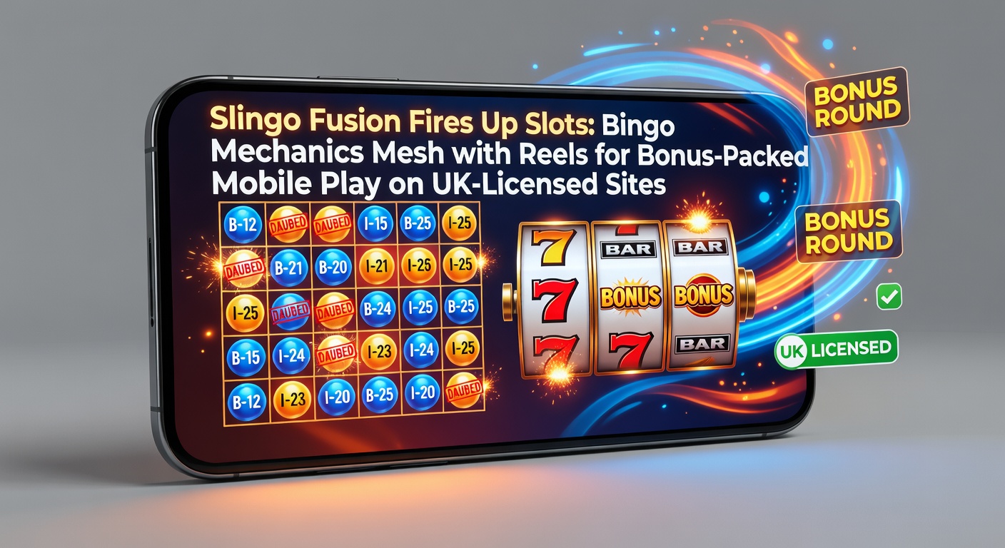 Vibrant Slingo game interface showing bingo grid overlaid on spinning slot reels with bonus symbols lighting up