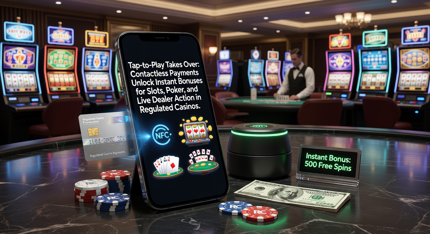 A player tapping a contactless card on a casino terminal, screen glowing with slot reels and bonus notifications