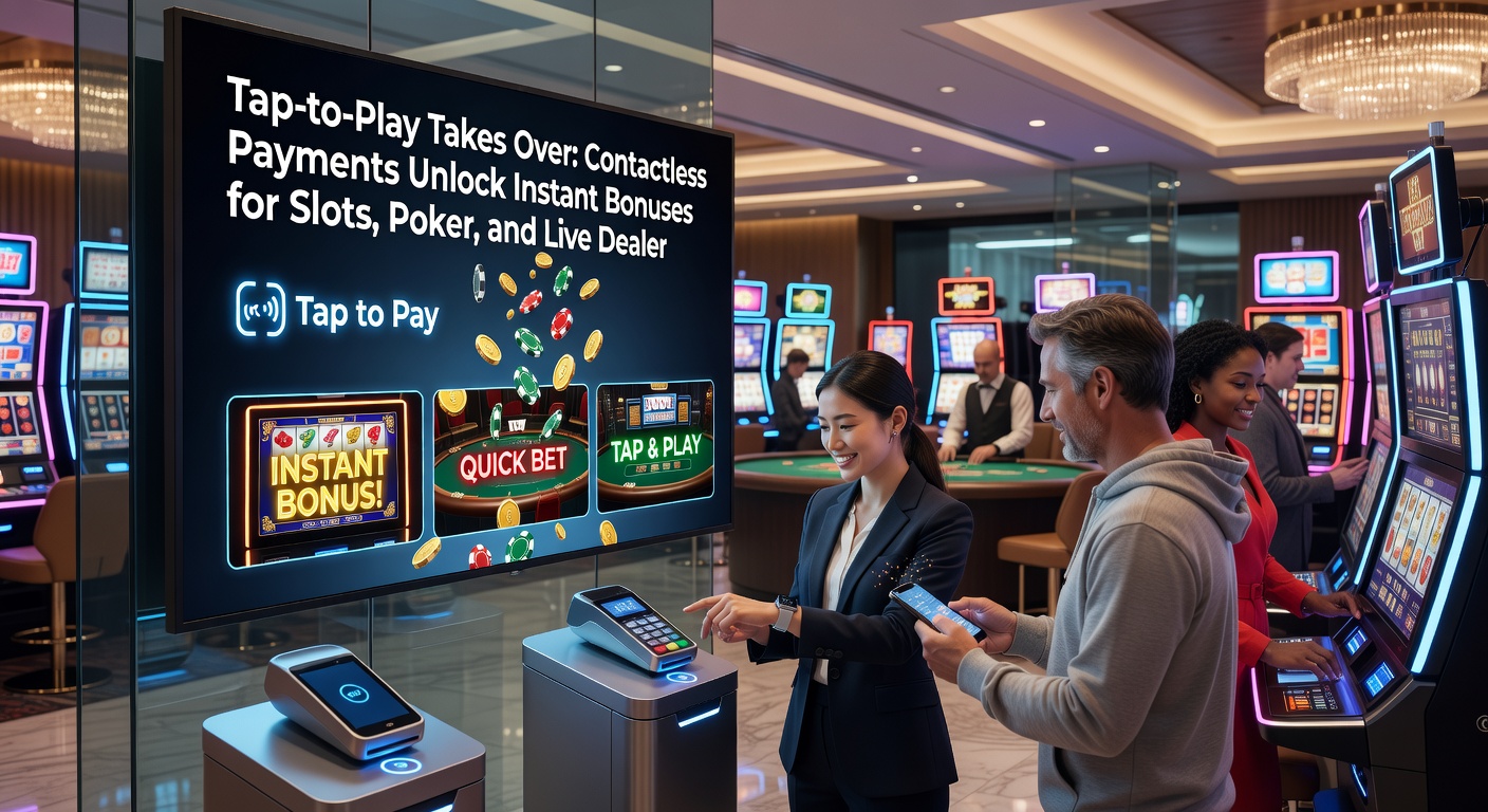 Close-up of a smartphone tapping a casino payment reader, with poker chips, slot symbols, and live dealer cards overlayed on screen
