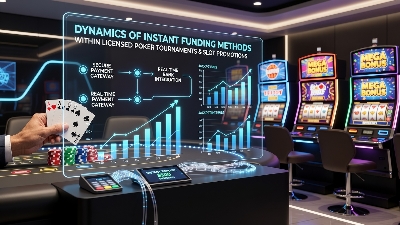 Illustration showing instant funding integration in poker tournaments and slot promotions
