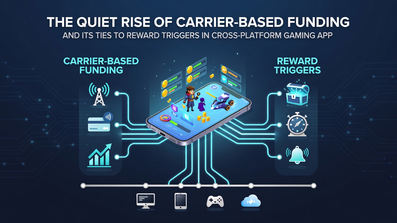 Diagram depicting data flow between carrier billing systems, reward engines, and multi-device gaming sessions