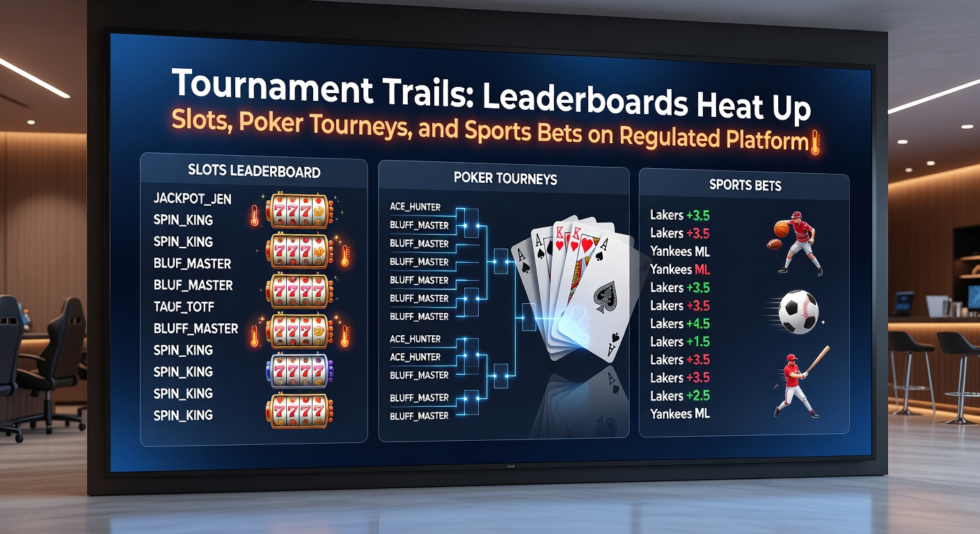 Dynamic poker tournament leaderboard on a regulated platform, featuring player avatars, chip stacks, and climbing rankings amid a backdrop of virtual cards and chips