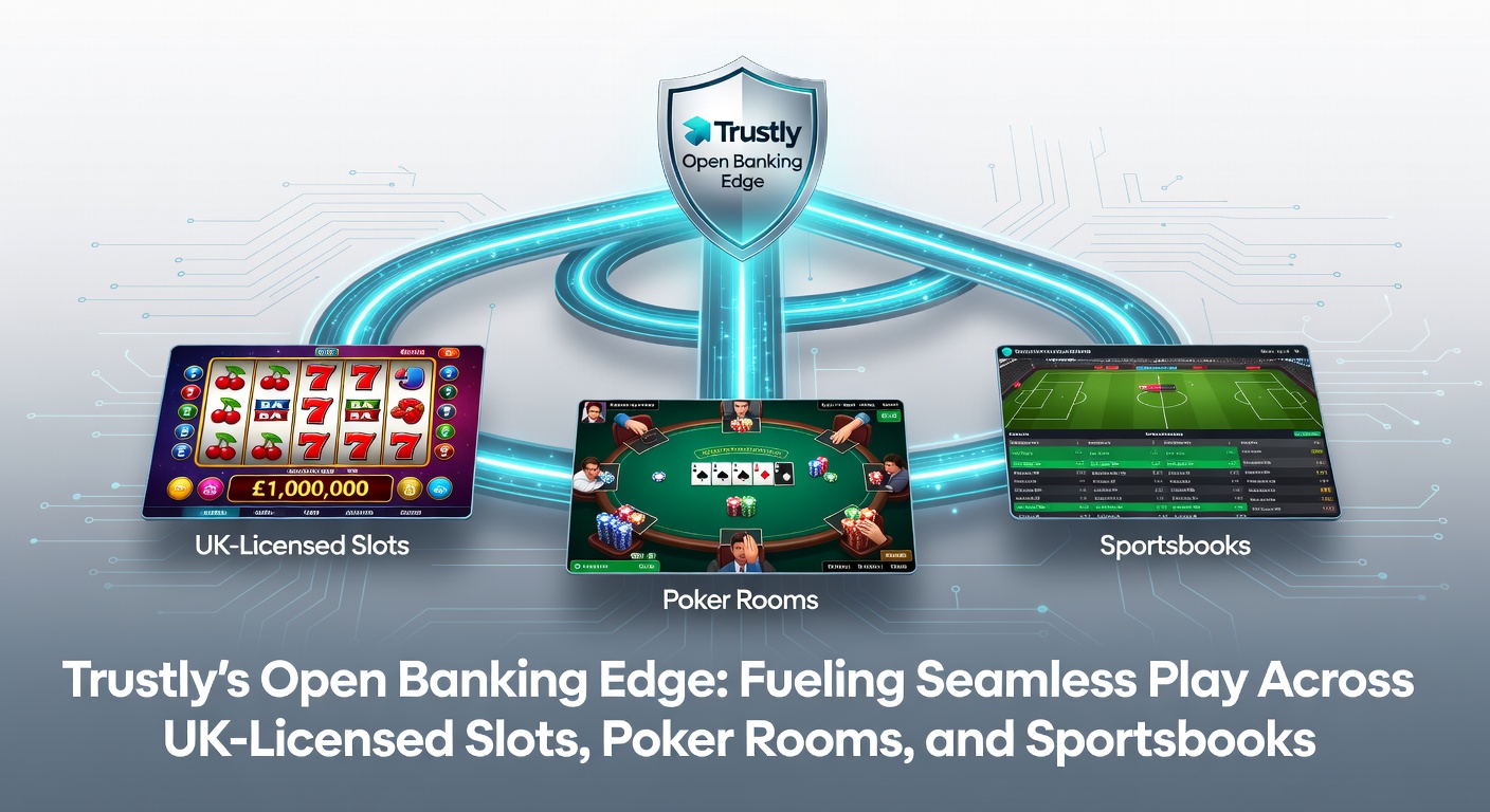 Digital interface showing Trustly open banking deposit flow on a mobile gaming app, highlighting instant confirmation for slots and poker tables