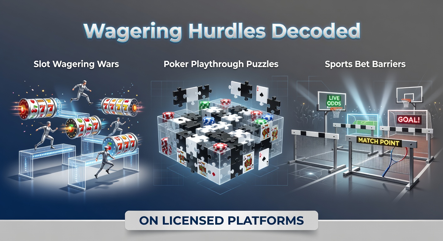 Graphic illustrating wagering requirement chains binding slot reels, poker chips, and sports betting tickets on a licensed platform dashboard