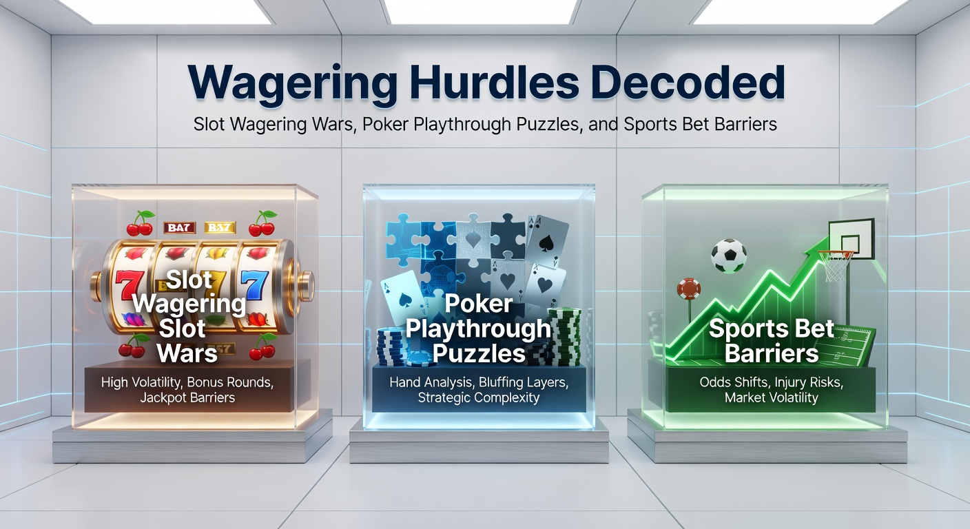 Close-up of a poker hand showdown overlaid with playthrough meters, slot reels spinning in the background, and a sports scoreboard ticking down barriers on a sleek licensed app interface